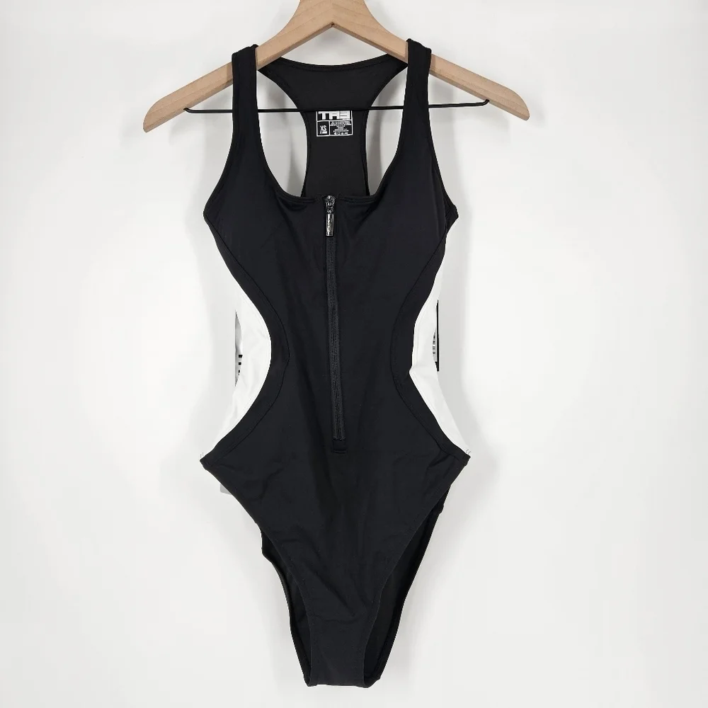 TA3 Black And White Scoopy Seamed Zip One Piece Swimsuit XS XLong NWT
